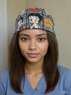 Handmade Betty Boop Grey Print Scrub Cap/ Nurse Hat
